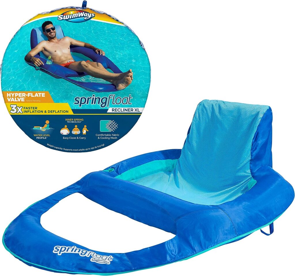 SwimWays Spring Float XL Recliner Chair for Swimming Pool, Inflatable Pool Floats Adult with Fast Inflation, Cup Holder  Foot Rest, Supports Up to 300 lbs, Blue