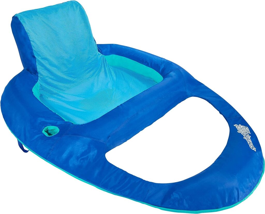 SwimWays Spring Float XL Recliner Chair for Swimming Pool, Inflatable Pool Floats Adult with Fast Inflation, Cup Holder  Foot Rest, Supports Up to 300 lbs, Blue